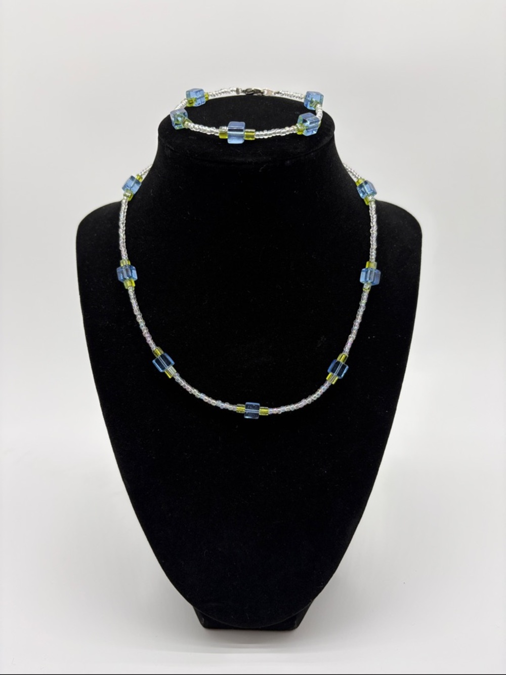 Hand-Made Blue and Green Glass Cube Bead Necklace & Bracelet Set